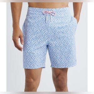 Johnnie-O Swim Trunks Every Daisy Print Blue Pink Medium Mesh Lined 7” Inseam
